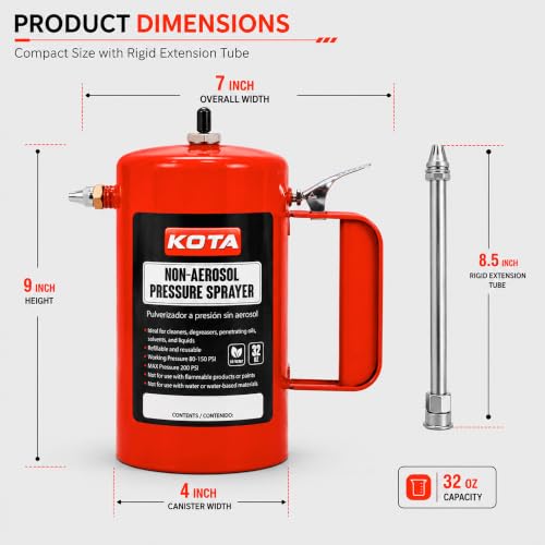 LAUCO Non Aerosol Pressure Sprayer - Refillable Pressurized Sprayer Bottle for Oil, Solvent, Degreasers, Lubricants - Rechargeable Steel Canister with Brass Nozzles, 32oz 69532 - color: Red