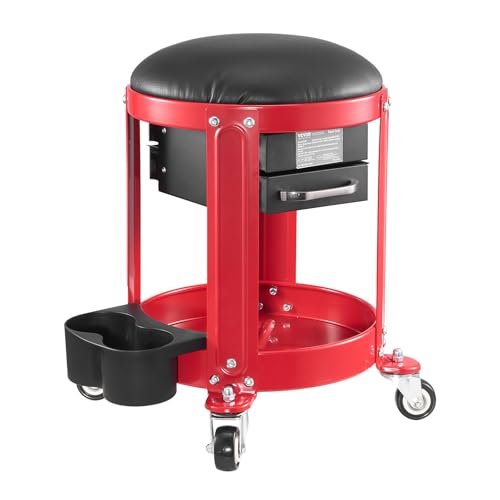 VEVOR Rolling Mechanic Stool with Wheels, 300 lbs Capacity Garage Seat/Work Stool, Padded Roller Creeper Seat with Fixed Height, Tool Tray and 2 Drawers, for Garage, Shop & Auto Repair, Red+Black