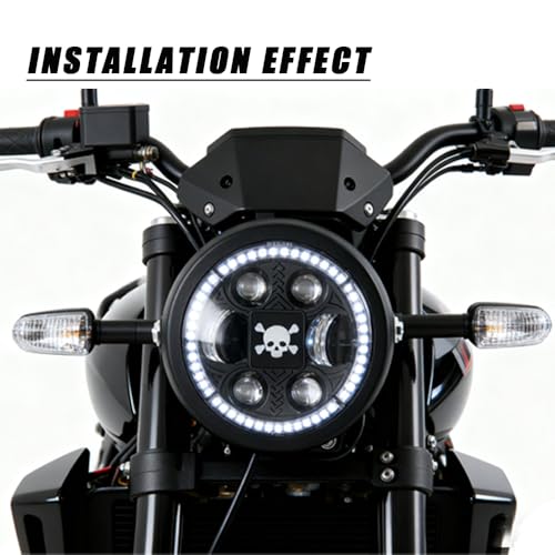Motorcycle Universal 6.5" Headlight Round Headlamp with DRL Hi/Lo Beam for Motorbikes Cruisers Choppers Cafe racers - color: Skull White Yellow Light