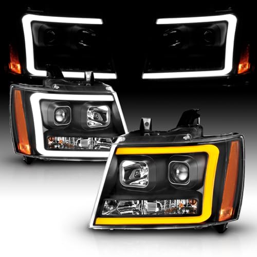 AmeriLite for 2007-2013 Chevy Avalanche/Suburban/Tahoe Switchback LED Tube Turn Siganl Projector Black Replacement Headlights Pair - Passenger and Driver Side - color: Black Projector Switchback LED Bar