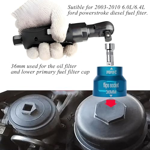 24mm/36mm oil filter socket Wrench Tool, for Ford 6.0L/6.4L Powerstroke diesel oil Filter/Fuel Filter cap installation& Removal- Flips sockets ford Accessories - color: Blue
