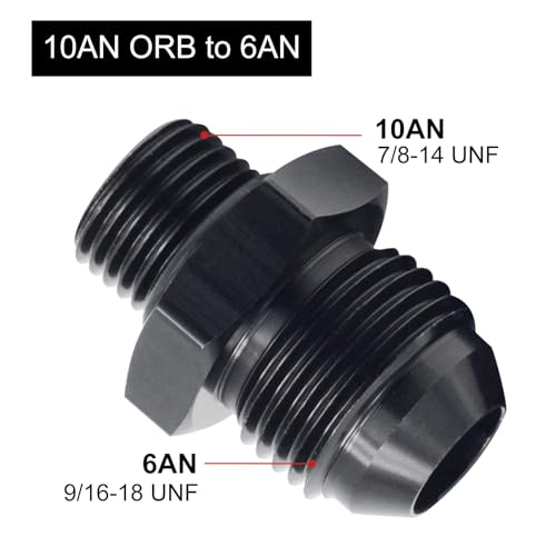 6AN Male Flare to AN10 ORB O-Ring Straight Boss Fuel Pump Rail Fitting Adapter Aluminum Black 2PCS - size: 10AN ORB to 6AN