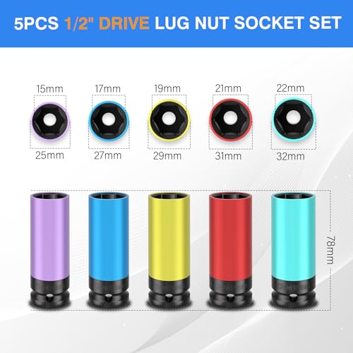 5 PCS 1/2" Drive Wheel Protector Impact Socket Set Metric 15 17 19 21 22 mm - size: 1/2" Protective Cover Sockets 5pcs