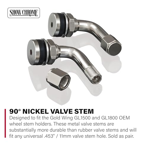 Show Chrome 90 Degree Nickel-Plated Brass Angled Valve Stem for Motorcycle 2-Pack - Fits Honda GL1800/GL1500, Universal .453/11mm Holes - Durable Metal Stems for Goldwing Wheels