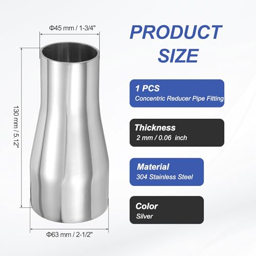 PATIKIL Concentric Reducer Pipe Fitting, 2-1/2"(63mm) to 1-3/4"(45mm) OD 304 Stainless Steel Butt Weld Tube Long Reducer Exhaust Pipe for Food Beverage HVAC Plumbing, Silver - size: 2-1/2" to 1-3/4" OD