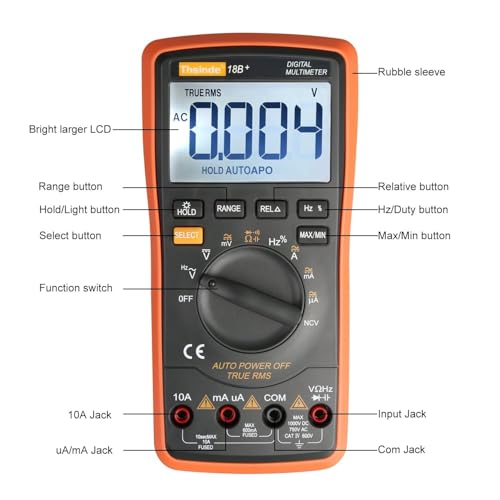 Auto Ranging Digital Multimeter TRMS 6000 with Battery Alligator Clips Test Leads AC/DC Voltage/Account,Voltage Alert, Amp/Ohm/Volt Multi Tester/Diode (Orange & 38B) - color: Orange & 38B