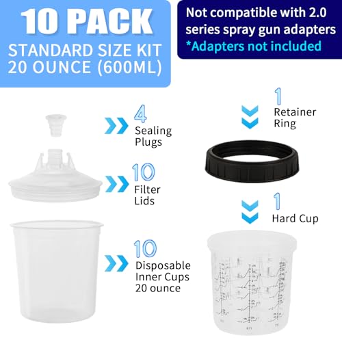 600ml Disposable Paint Spray Gun Cup for Automotive Paint Gun, HVLP Paint Spray Paint Gun, 10 Pack Standard Size 20 Ounce Kit Paint Mixing Cups - 10 Cup Liners, 10 Lids with Strainer, 1 Hard Cup