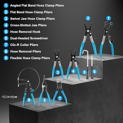 9PCS Professional Hose Clamp Pliers Set for Automotive, Long Reach Flexible Wire & Swivel Jaw Pliers for Fuel, Oil, Coolant Radiator Heater and Water Hoses