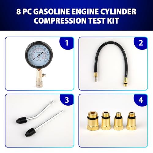 Compression Tester, 8pcs Engine Compression Tester kit Professional Petrol Gas Engine Cylinder Pressure Gauge 0-300 PSI Automotive Tool for Motorcycle Car Truck (red) - color: 8pc-red