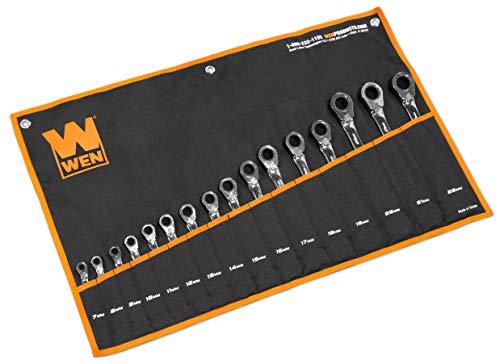 WEN 16-Piece Professional-Grade Reversible Ratcheting Metric Combination Wrench Set with Storage Pouch (WR162)