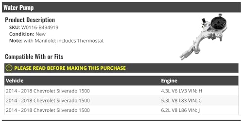 Water Pump and Manifold with Pulley, Gaskets, Thermostat and Housing, Temp Sensor - Compatible with 2014-2018 Chevy Silverado 1500 4.3L 5.3L 6.2L