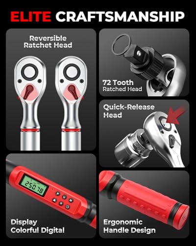 Digital Torque Wrench 1/2 Drive, ±2% High Accuracy Measure Digital Torque Wrench with Buzzer and LED Flash Notification, 5 Units (12.5-250 Ft. Lb/ 17-340 N.m) - size: 1/2 Drive