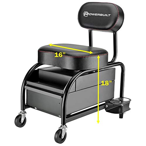 Powerbuilt Professional Car Detailers Mechanics Roller Seat, Heavy Duty Garage Stool with Thick Padded Seat and Backrest, 2 Sliding Storage Drawers, Tool Tray, Can Holders, 3in. Swivel Casters–240299 - size: 2 Sliding Storage Drawers
