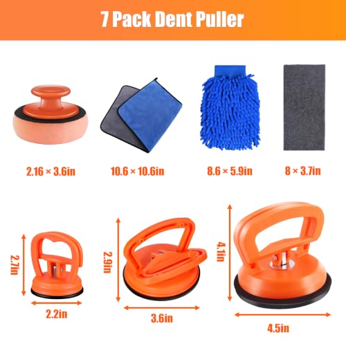Dent Puller Kit 7-Pack -Car Dent Remover Tool with 1 Large & 2 Small Suction Cups, Suction Cup Dent Puller and Paintless Car Dent Repair Kit. Suitable for Glass Lifting, Car Body Dents (Orange).