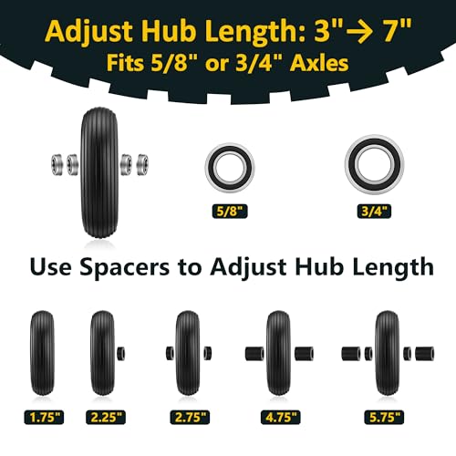 13 Inch No Flat Wheelbarrow Tire, 4.00-6 Flat Free Solid Replacement Wheel with 5/8" & 3/4" Bearings, 1.75"-6" Adjustable Hub for Wheelbarrow, Gorilla Cart, Garden Cart | 2-Pack