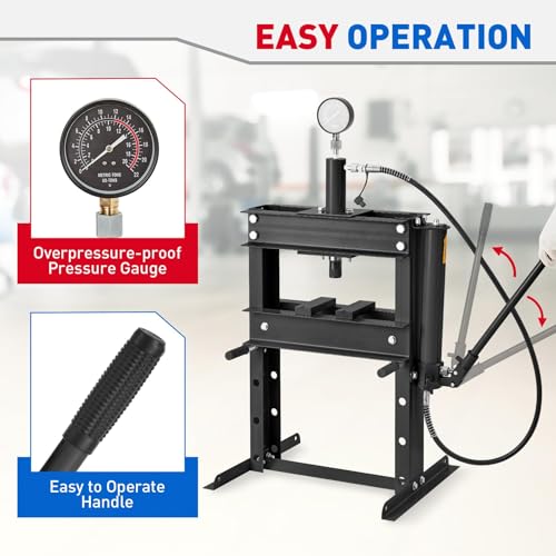 10 Ton Hydraulic Shop Press, Heavy-Duty H-Frame Garage Floor Press with Stamping Plates, Adjustable Height Bearing Press for Metal Straightening, Bending, Parts Pressing & Automotive Repair