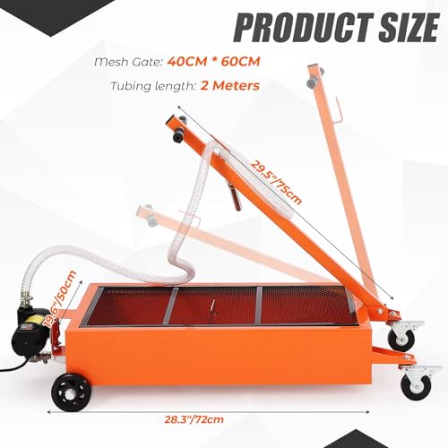 20 Gallon Low Profile Oil Drain Pan with 12V Electric Pump, Large Capacity Rolling Oil Change Tank, 8.2ft Discharge Hose & Folding Handle for Trucks, Buses, RVs and Cars - color: Orange, size: 20 Gallon with 12V Electric Pump