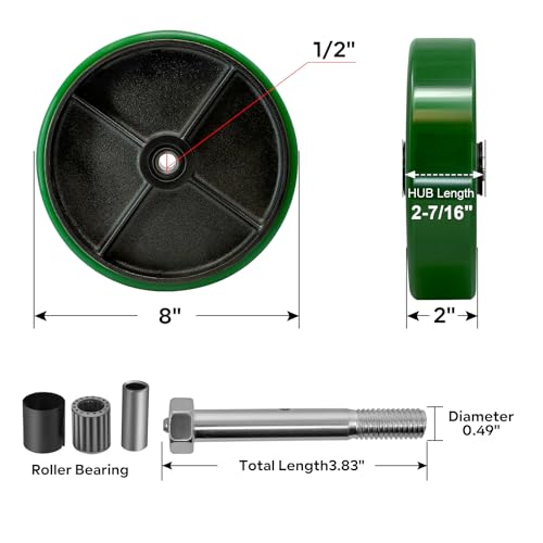 주철 휠에 20.3 x 5.1cm(8 x 2인치) 폴리우레탄, 롤러 베어링-1/2 보어, 2,721.6kg(6000파운드) 용량의 튼튼한 캐스터 휠 4개 세트 (4팩) - color: 주철에 폴리, size: 8"×2"