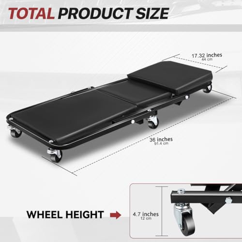 Foldable Creeper, 2-in-1 Rolling Garage Z Creeper Car & Seat, 36" Roller Mechanics Under Car Chair, 330 LBS Weight Capacity Heavy Duty, Black - color: Black, size: 36 Inch Length