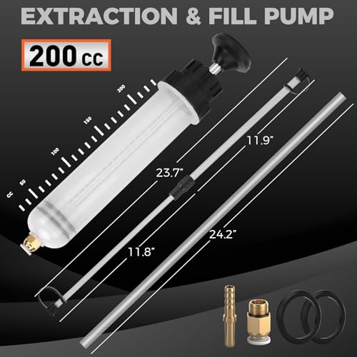 HORUSDY 200cc Fluid Extractor Syringe Oil Pump, Fluid Evacuator with 23" Flexible Hose, 12" Fine & Coarse Hoses, for Automotive, Motorcycle, Marine & Equipment Maintenance (9PCS) - size: 200ML with Hose