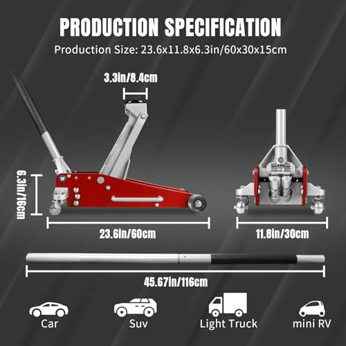 Jack Boss 3 Ton Low Profile, Aluminum and Steel Racing Floor Jack with Dual Pistons Quick Lift Pump, 1.5X Overload Tested for Safety, Sport Utility Vehicle, Lifting Range 3-15/16" min to 18-5/16" max - color: Red, size: 3 Ton Aluminum