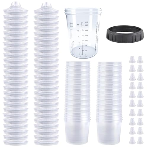 Disposable Paint Spray Gun Cup System for HVLP Paint Spray Paint Gun, Standard 13.5 Ounce (400ml) Kit with 50 Cups and Lids, 1 Hard Paint Mixing Cup with Retainer Ring and 20 Plugs. - color: Dis-400m1-50pcs