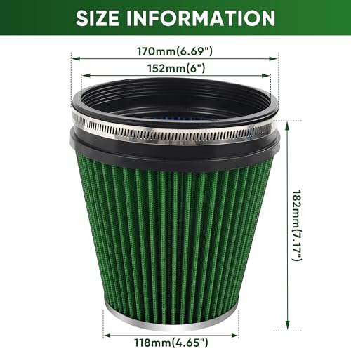 6" 152mm Cold Air Intake Filter Clamp-On Cone Filter Green - color: Green, size: 7 inches Tall