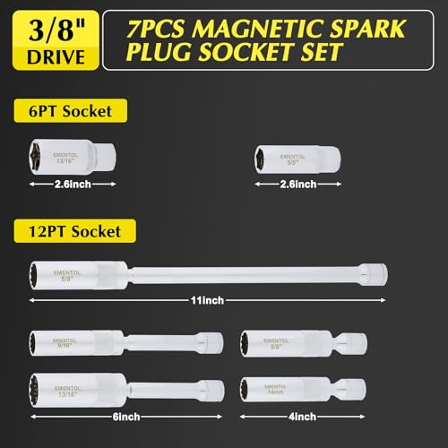 EMENTOL 7PCS 3/8" Drive Spark Plug Socket Set, CR-V, Swivel Magnetic Extension Sockets, Includes 9/16", 5/8", 13/16", 14mm Sockets