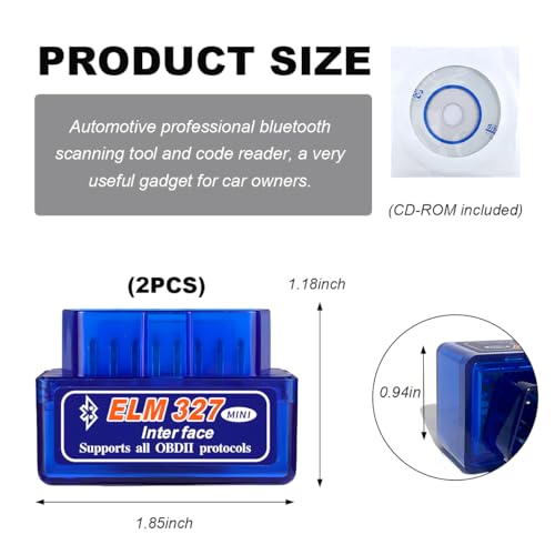 KVAEY 2 PCS OBDII Car Auto Diagnostic Scanner, ELM327 Automotive Bluetooth Scan Tool and Code Reader, Professional Car Bluetooth Engine Fault Code Reader, Universal Car Accessories (2 PCS) - color: Blue, size: 2 PCS