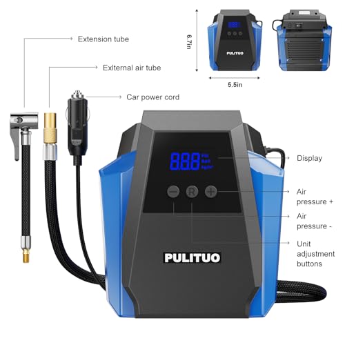 PULITUO 12V DC Tire Inflator - Portable Air Compressor 35L/min, 150 PSI Car Tire Pump with Auto Shut Off, Digital Pressure Gauge and LED Light, Blue