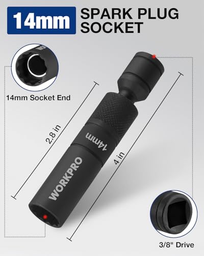 WORKPRO 14MM Swivel Magnetic Spark Plug Socket 12-Point - size: 14MM×3/8"×4"