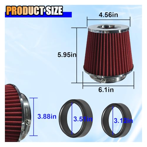 LAINLOY Universal Clamp-On Air Intake Filter for Cars, 76 89 102MM, Red - color: Red