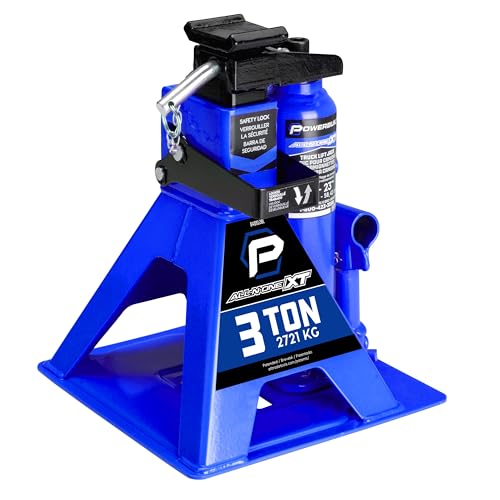POWERBUILT 3 Ton All-in-One Hydraulic Bottle Jack and Jackstand in One, Compact, Wide Base, 11-21 Inch Range, Eliminates Jackstands, for Trucks, SUVs, RVs, Trailers, ASME, Not for Sedans - 640912 - color: blue