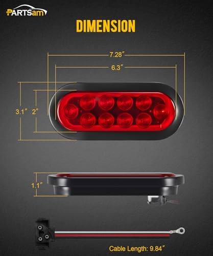 Partsam 4pcs Trailer Truck LED Sealed RED 6" Oval Stop/Turn/Tail Lights Flush Mount Waterproof Including 3-pin Water Tight Plug with Wires and Grommets Sealed DOT Compliant