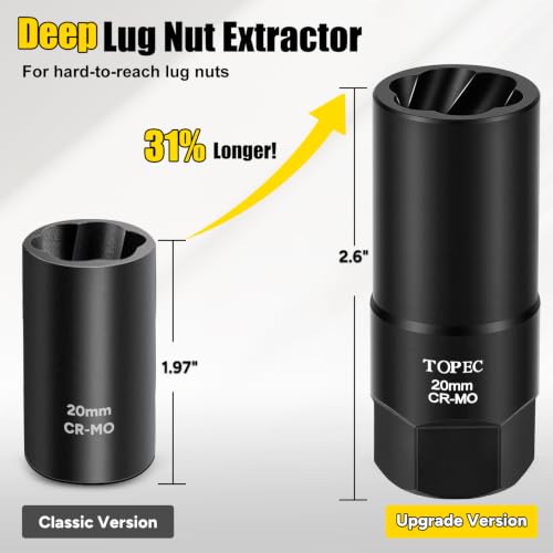 Topec 20MM Deep Lug Nut Extractor Socket - 1/2" Drive Stripped Bolt Nut Remover - size: 20mm