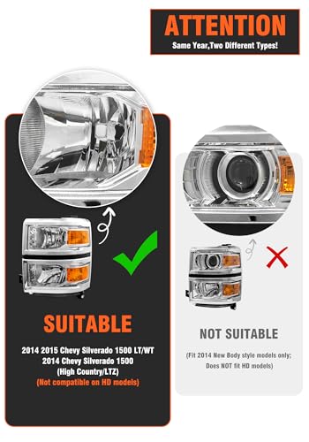 for 2014-2015 Chevy Silverado 1500 Pickup Headlights Pair - color: A-Chrome Housing Amber Reflector