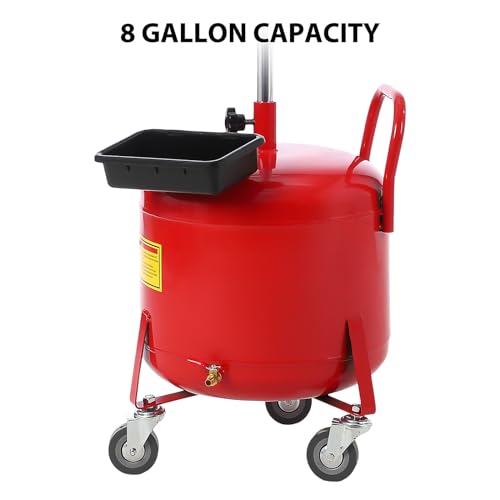 Garvee 8 gal Waste Oil Drain Tank, Portable Oil Drain Container, Air Operated Drainer, Fluid Fuel Transfer Drainage, Adjustable Funnel Height with Wheel &15 in Premium Bowl and a Toolbox, Red - size: 8 Gallon