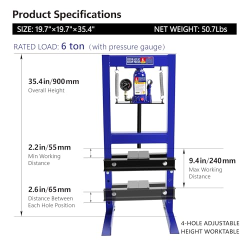 6 Ton Hydraulic Shop Press H-Frame with Pressure Gauge, Heavy Duty Floor Press with Adjustable Height Work Table 2 Movable Stamping Plates Manual Hydraulic Press for Metal Bending Straightening Blue