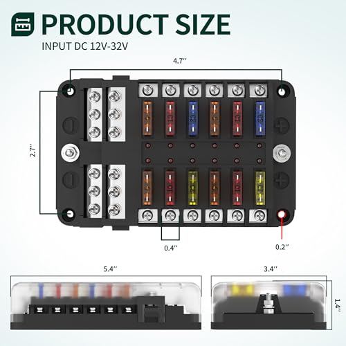 DaierTek 12 Way Fuse Block, 12 Volt Blade Fuse Block with LED Indicator 12 Circuit Fuse Box 12V ATO/ATC Marine Fuse Panel 24V with Waterproof Cover Fuse Terminals for Automotive Boat Car RV - size: 12 Way