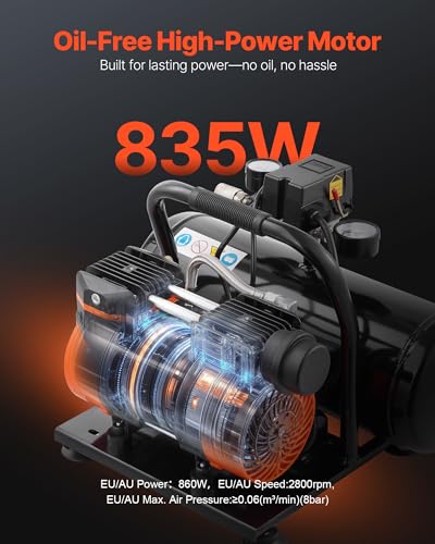 VEVOR 공기 압축기, 7.6L(2갤런) 스틸 탱크, 1HP 2.1CFM @ 90PSI 오일 프리 공기 압축기 및 최대 120PSI 압력, 81dB 초저소음 휴대용 컴프레서, 자동차 수리, 타이어 팽창, 스프레이 페인팅, 120V - size: 2 Gallon