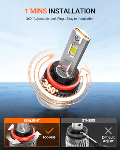 SEALIGHT 9005 H11 Bulbs, 240,000LM 17X Brightness, HB3 H8/H16/H9 6500K Cool White LED Bulbs, IP68 Waterproof 80000Hrs Lifespan, 5X Heat Dissipation driving LED Bulbs, Plug and Play, 4 Pack - color: White, size: 9005 H11