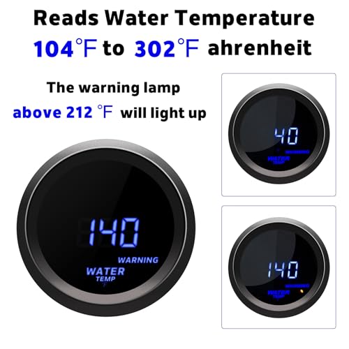 5.1cm(2인치) 52mm 디지털 수온 게이지, 블루 LED 및 알람, 0.3cm(1/8인치) NPT 센서, 12V 자동차, 트럭, SUV, 오토바이, 보트용 40~150°C(104-322°F) 범위