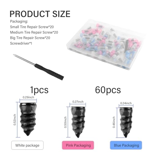60PCS Tire Screw Plug Repair Kit,Self-Service Tire Repair Kit Includes 3 Sizes of Screw in Tires Plugs & Screwdriver for Quick Repairs,Professional Tires Repairs Rubber Nail (60PCS) - color: 60PCS