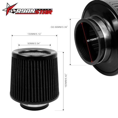 RYANSTAR 3 Inch Cone Air Filter 76mm High Flow 163mm Tall Black - color: black, size: 3" Short