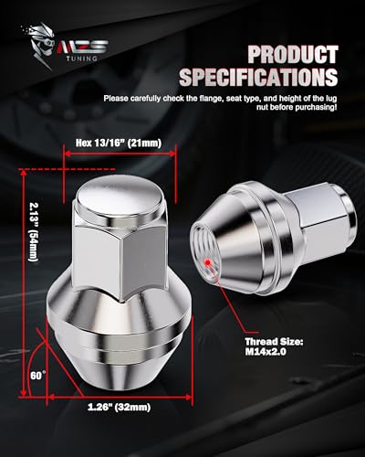 MZS M14x2 Lug Nuts for 01-14 F150 / 03-14 Expedition Navigator Chrome 24PC - size: M14x2.0-2.13" (54mm) Long
