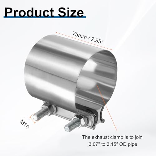 HARFINGTON Exhaust Clamp 3.15" Stainless Steel Lap Joint Band Clamp Exhaust Pipes Connection with M10x55.5 Screws for Car Muffler Elbow Pipes - size: 3.15 inch