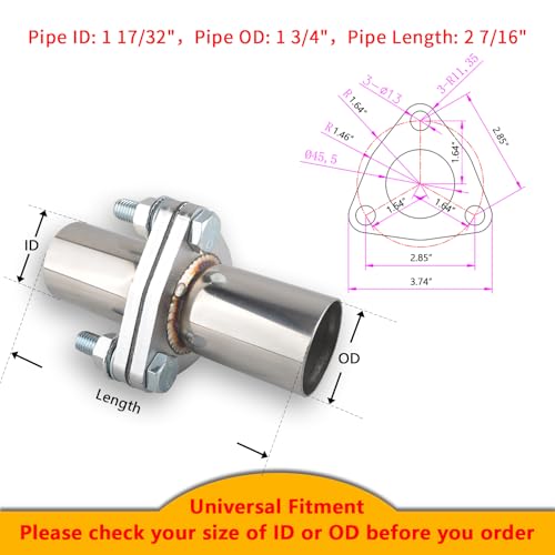Exhaust Flange Bolts Quick Fix Repair Pipe Kit w/Gasket & Hardware, 1.75'' Inch OD 3 Bolts T304 Stainless Steel Universal Flange Replacement Kit - size: 1.75"OD-3 Bolts