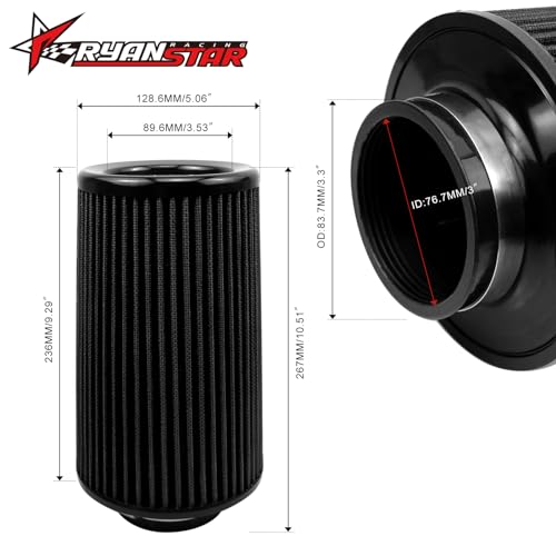 RYANSTAR 3 Inch Cone Air Filter 76mm High Flow 270mm Tall Black - color: black, size: 3" Tall