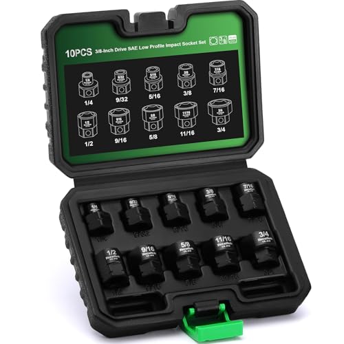 TecoTek 10-Piece 3/8-Inch Drive SAE Low Profile Impact Socket Set, Stubby Socket Set, 1/4"-3/4", 6 Point, Cr-Mo, Shorter Socket for Tight Areas - size: 1/4" - 3/4"(3/8" Dr.)