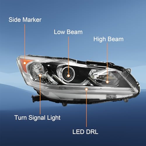 Right Projector Headlight Assembly w/LED DRL Fit for 2016 2017 Honda Accord EX/EX-L/Sport,Halogen Headlamp OE Style Chrome Housing Amber Reflector Replacement Passenger Side HO2503169 33100T2AA81 - size: Passenger Side